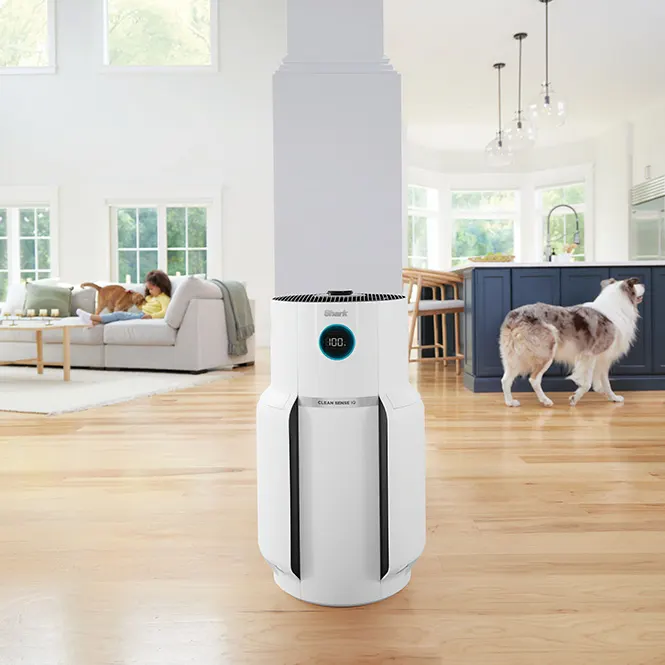 Aydınlık bir odada, beyaz hava temizleyici, kanepe, çocuk, köpek ve mutfak tezgahı görülmektedir.