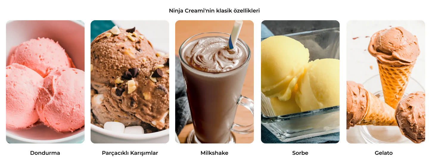 Be� farkl� tatl� t&uuml;r&uuml;n&uuml; g&ouml;steren bir kolaj: pembe dondurma, &ccedil;ikolatal� kar���m, milkshake, sar� sorbe ve k&uuml;lahl� gelato.