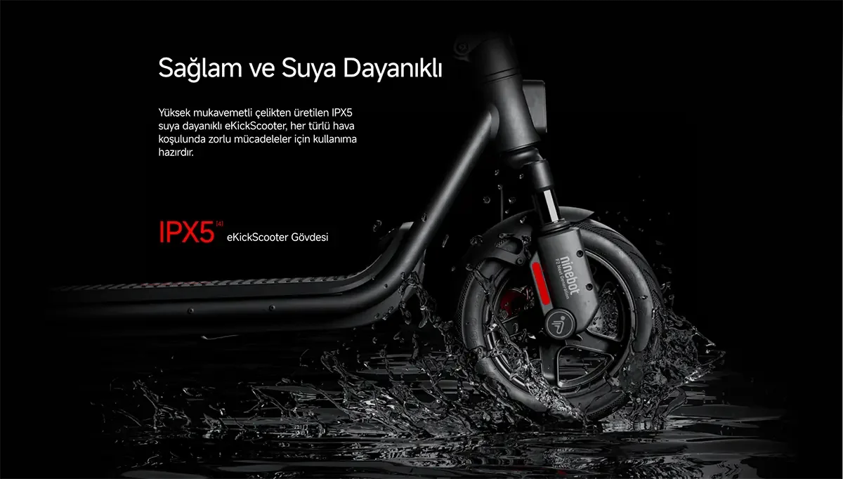 A black Ninebot e-scooter is splashing water. The scooter's wheel and body are clearly visible. The background is black.