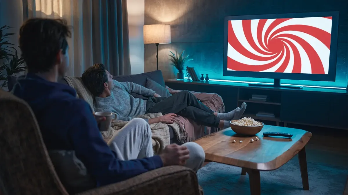 Evde sinema sistemi kurmuş TV izleyen insanlar