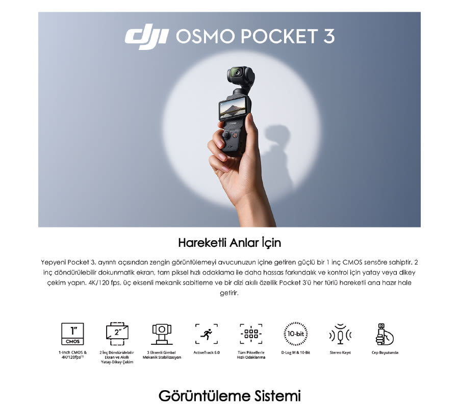 Elde tutulan DJI Osmo Pocket 3 kamera, gri arka plan üzerinde. Ekranı ve lensi görülüyor.