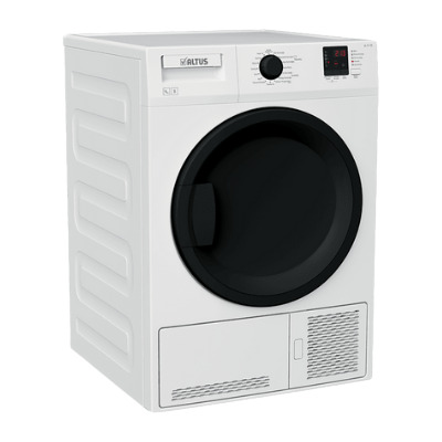 Beyaz renkte, önden yüklemeli bir kurutma makinesi, siyah kapaklı ve kontrol paneli detaylarına sahip.