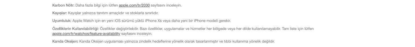 Beyaz arka plan üzerinde Türkçe metin blokları bulunur. Metin, Apple Watch özellikleri ve uyumluluğu hakkında bilgi içerir.