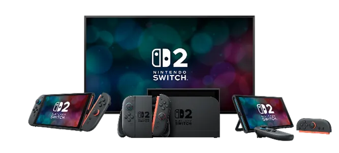 Nintendo Switch 2 konsolu ve aksesuarları, beyaz arka plan üzerinde sergileniyor. Konsol, ekran, joy-con'lar ve dock içeriyor.