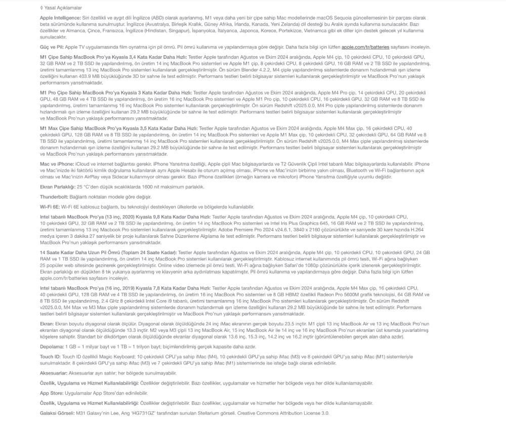 Metin belgesi, çeşitli Apple ürünlerinin özelliklerini ve performans karşılaştırmalarını listeler. Küçük yazı tipiyle yazılmış.