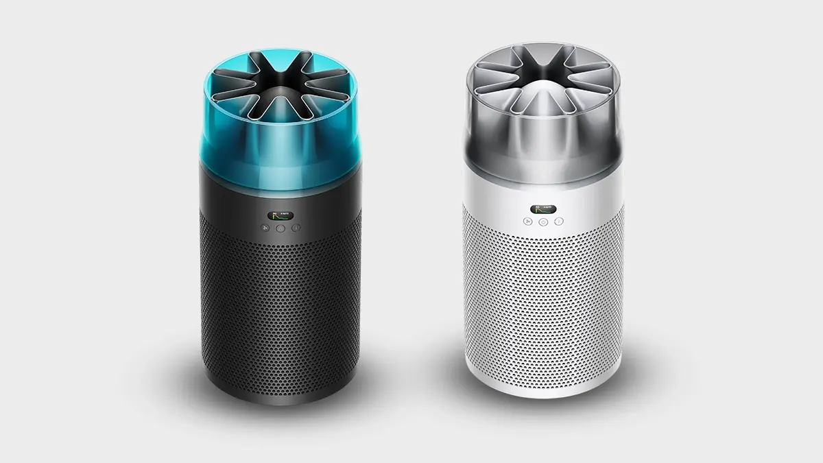 Dyson HushJet hava temizleme cihazı siyah turkuaz ve beyaz gümüş rengi yan yana