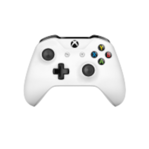 Beyaz bir Xbox One oyun kolu, siyah analog çubuklara ve çok renkli düğmelere sahip, beyaz bir arka plan üzerinde.