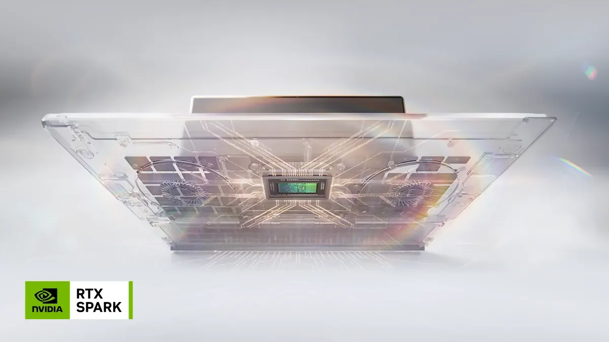 NVIDIA RTX Spark teknolojisiyle geliştirilmiş bir dizüstü bilgisayar ve sol atta NVIDIA RTX Spark logosu