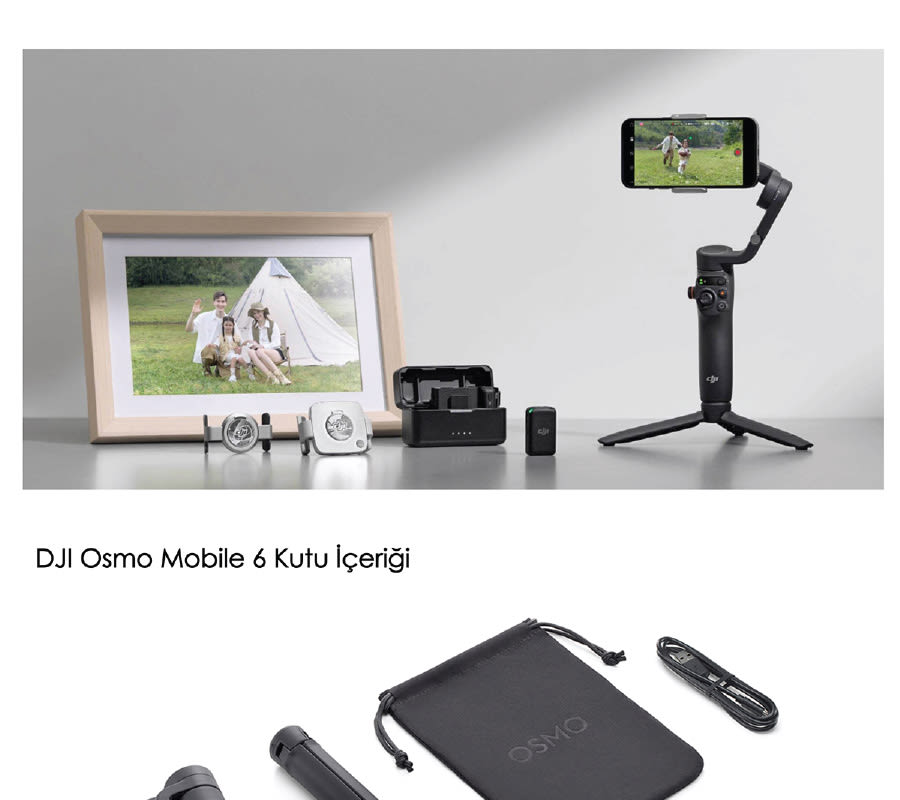 Gri masa üzerinde DJI Osmo Mobile 6, telefon, resim çerçevesi ve aksesuarları yer almaktadır.