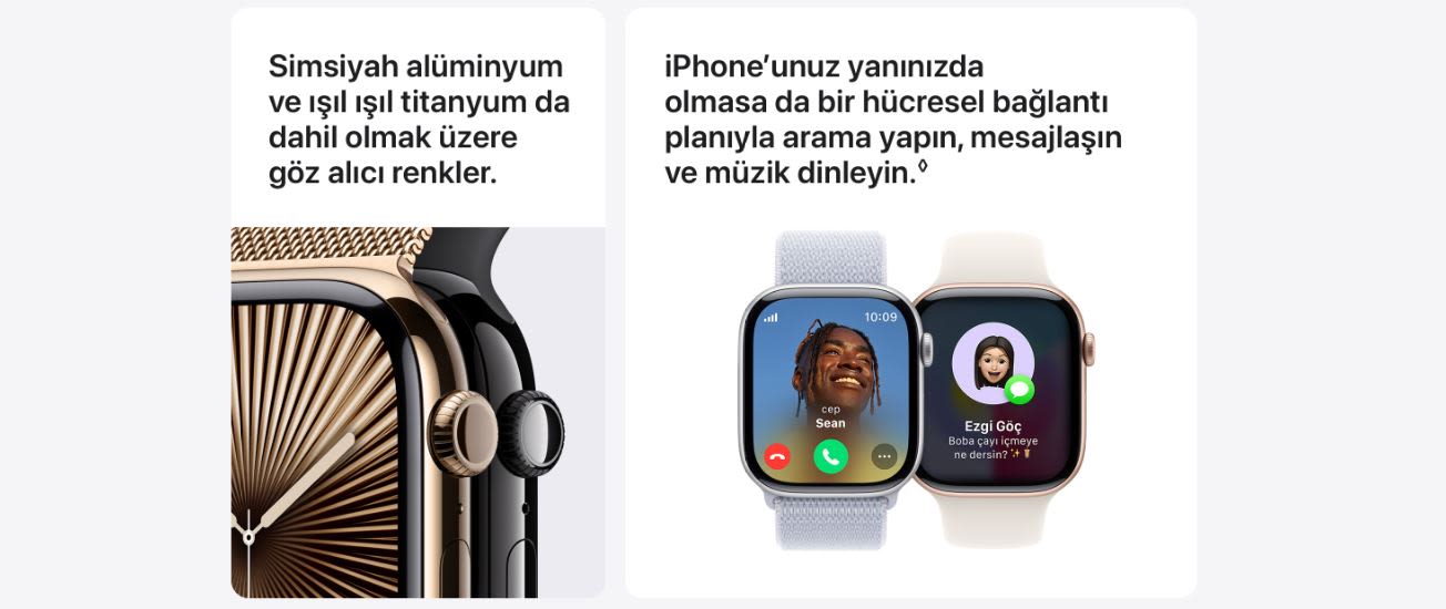 Altın ve siyah akıllı saatler, arama ve mesajlaşma özelliklerini gösteren ekran görüntüleri.