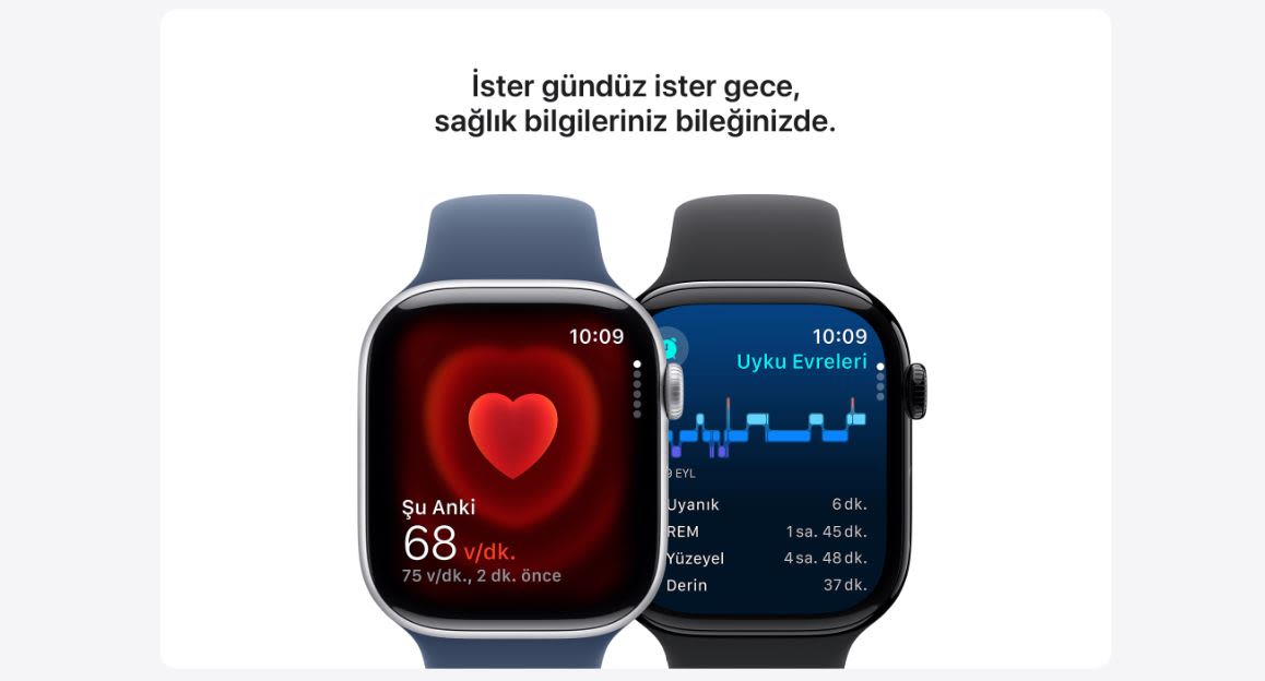 İki akıllı saat yan yana duruyor. Birinde kalp atışı, diğerinde uyku düzeni gösteriliyor.