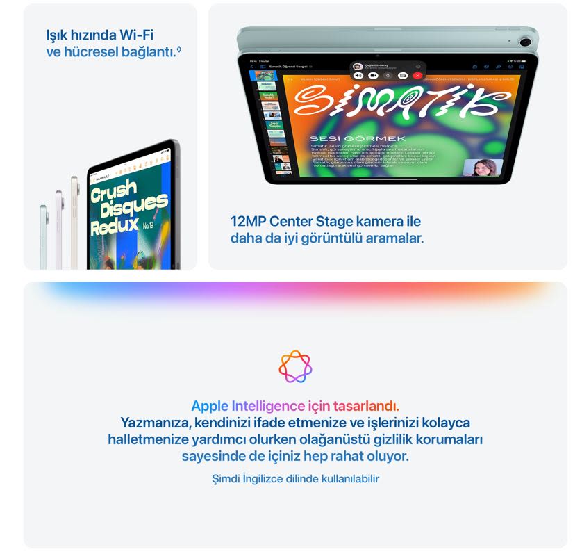 Çeşitli iPad'lerin ve özelliklerinin tanıtımını içeren bir pazarlama kolajı.