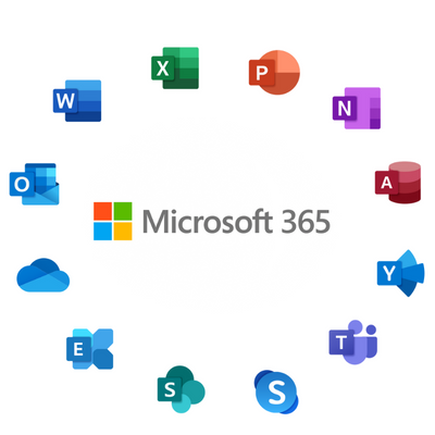 Beyaz arka plan üzerinde Microsoft 365 yazısı ve renkli uygulama simgeleri dairesel bir şekilde düzenlenmiştir.