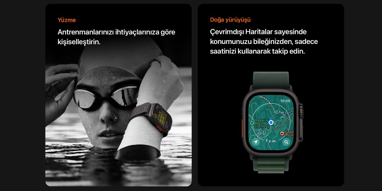 Suda yüzen gözlüklü bir yüzücü ve yeşil kordonlu bir akıllı saat ile harita gösteren başka bir akıllı saat.