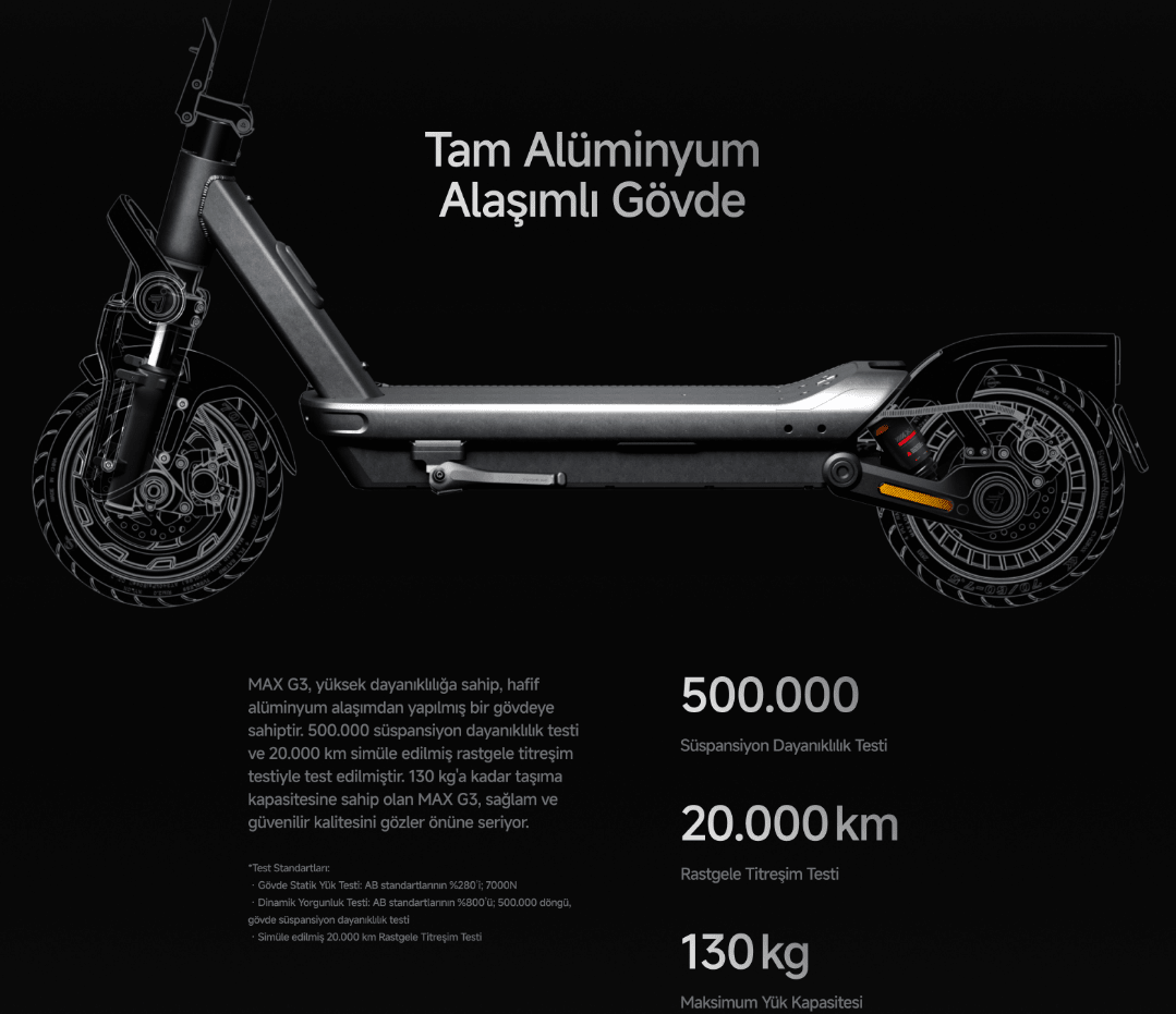 Gümüş renkli, alüminyum alaşımlı gövdeye sahip elektrikli scooter. Ön ve arka tekerlek detayları belirgin, siyah zemin üzerinde.