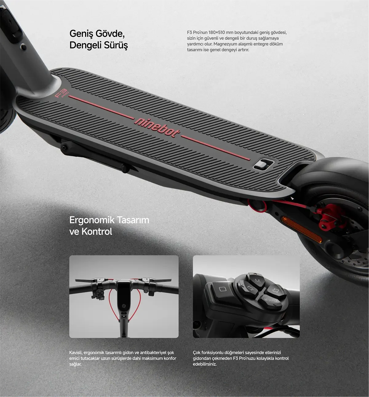 Gri Ninebot scooter, kırmızı çizgili taban, ergonomik gidon ve kontrol düğmeleriyle dengeli sürüş sunar.