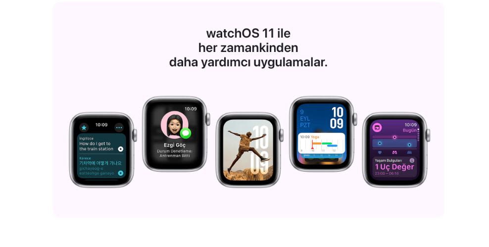 Beş Apple Watch'un ekranında farklı uygulamalar gösteriliyor.