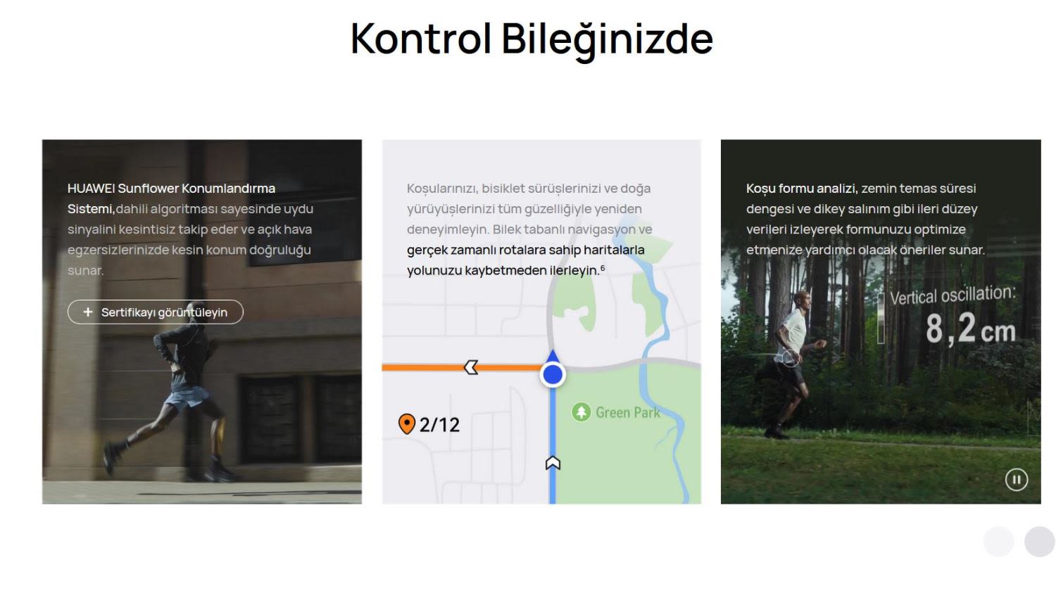 Üç panel: şehirde koşan kişi, harita ve ormanda koşan kişi. Metin, HUAWEI Sunflower konumlandırmayı vurguluyor.