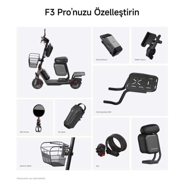 Elektrikli scooter ve çeşitli aksesuarlar beyaz bir zemin üzerinde sergileniyor.