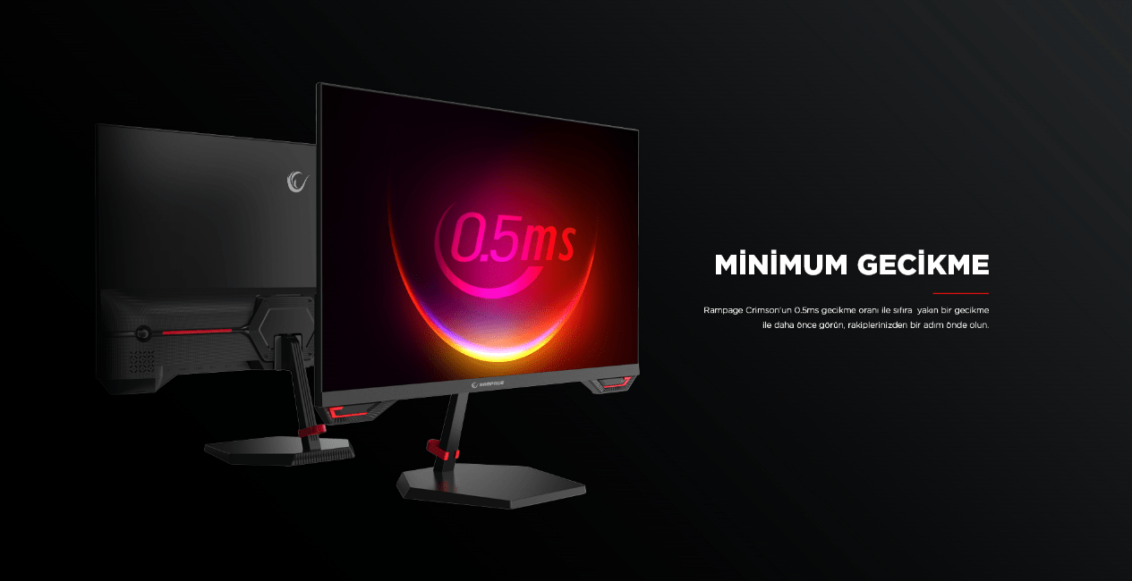 Siyah zemin üzerinde, önde ve arkada duran iki adet siyah oyun monitörü bulunuyor. Öndeki monitörün ekranında 0.5ms ibaresi var.
