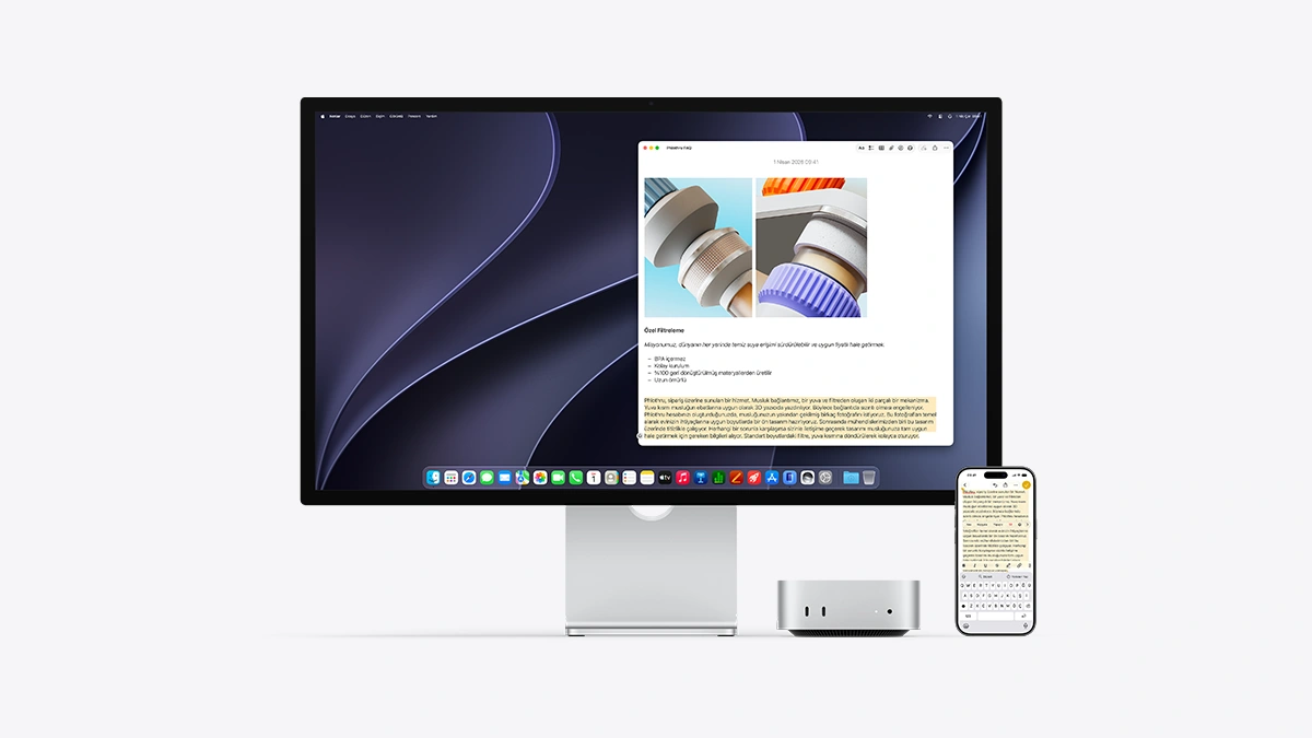 Apple Mac mini M5 Pro bilgisayar, yanında Apple monitör ve iPhone var