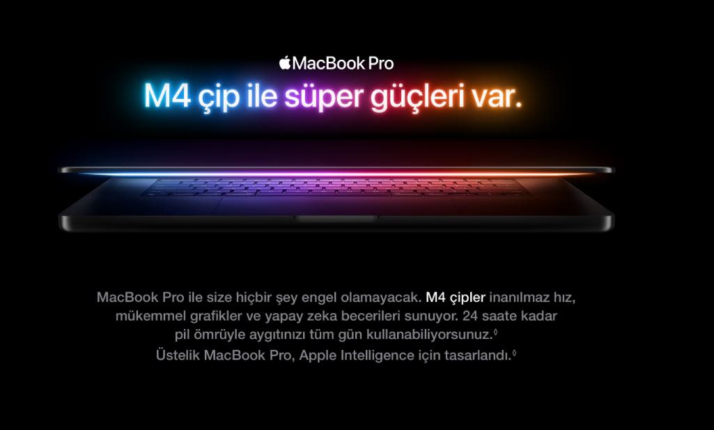 Siyah arka planda, açık MacBook Pro dizüstü bilgisayarının neon ışıklı klavyesi ve ekranı görülüyor. Üstte 