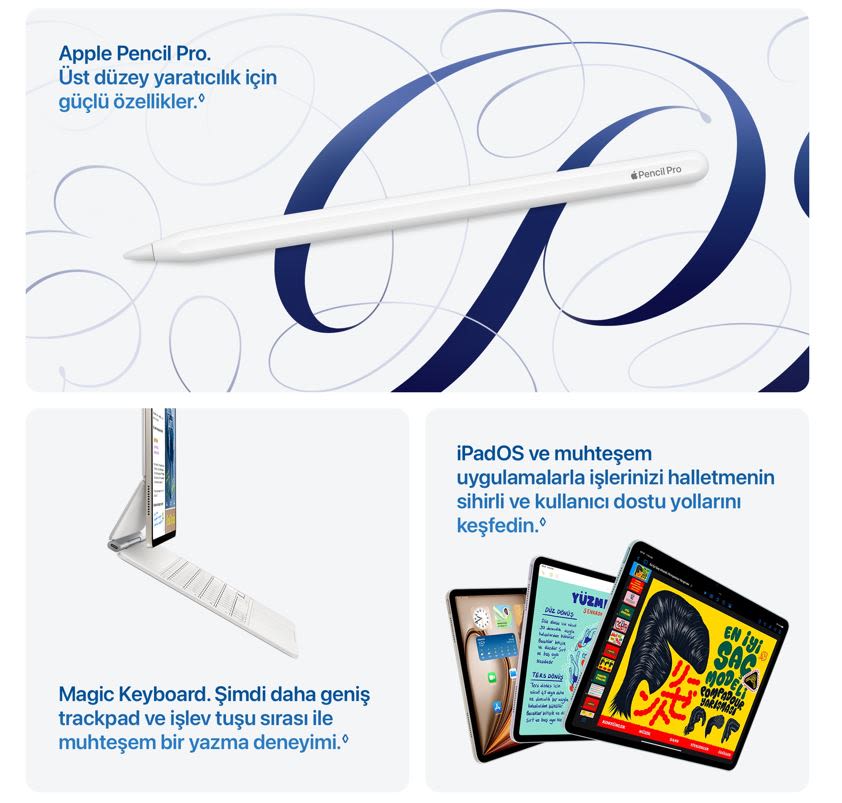 Beyaz zemin üzerinde Apple Pencil Pro, Magic Keyboard ve iPadOS tabletlerin yer aldığı ürün tanıtım görseli.