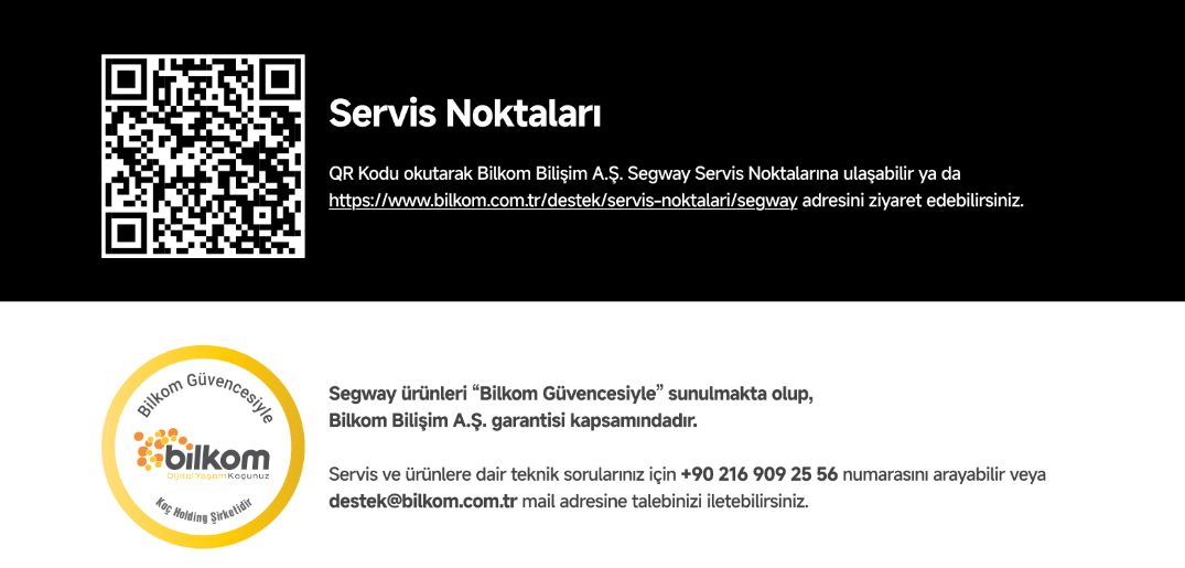 Bilkom servis noktaları bilgisi: QR kod, logo, iletişim bilgileri ve metinler içeren bir ilan.