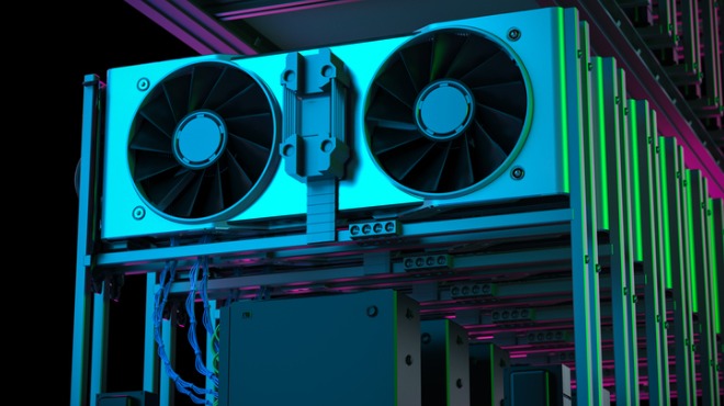 Mavi ışıklı, iki büyük fanlı bir sunucu ünitesi, siyah bir arka plan üzerinde metal raflara monte edilmiş.