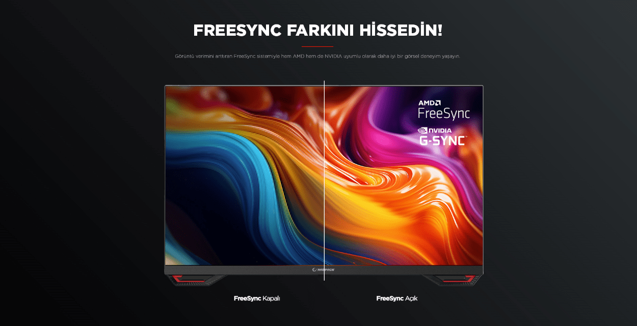 Siyah ekranda, FreeSync kapalı ve açık karşılaştırması, renkli dalgalı desenler, AMD ve NVIDIA logoları görülüyor.