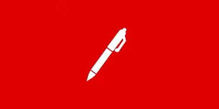 Kırmızı zemin üzerinde beyaz dolma kalem, sağa doğru eğimli duruyor. Kalemin klipsi ve ucu belirgin.
